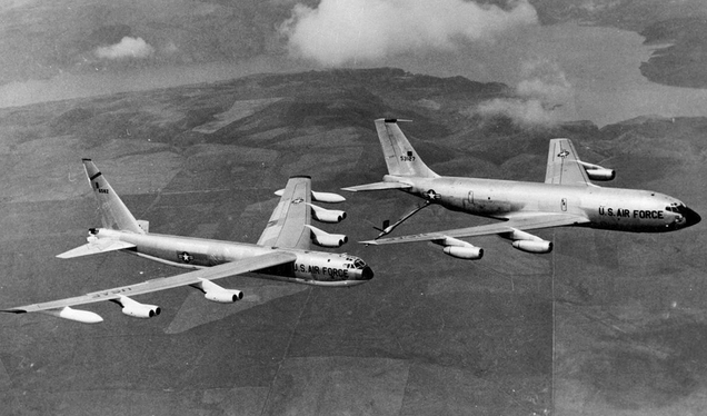 A Boeing KC-135A, known to Boeing as the Model 717, refuels a Boeing B-52D Stratofortress (US Air Force)
